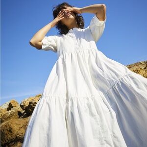 Ali Golden Raglan Tiered White Dress in Bone